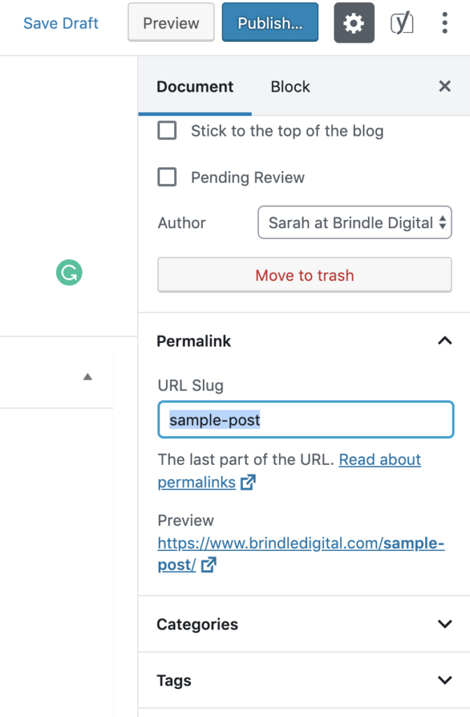blog post checklist item of adding a URL slug to the permalink