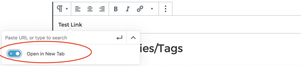 blog post checklist item of how to make a link open in a new tab on WordPress