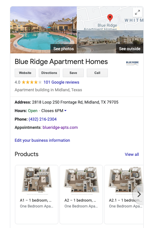 Google My Business Profile for Blue Ridge Apartment Homes