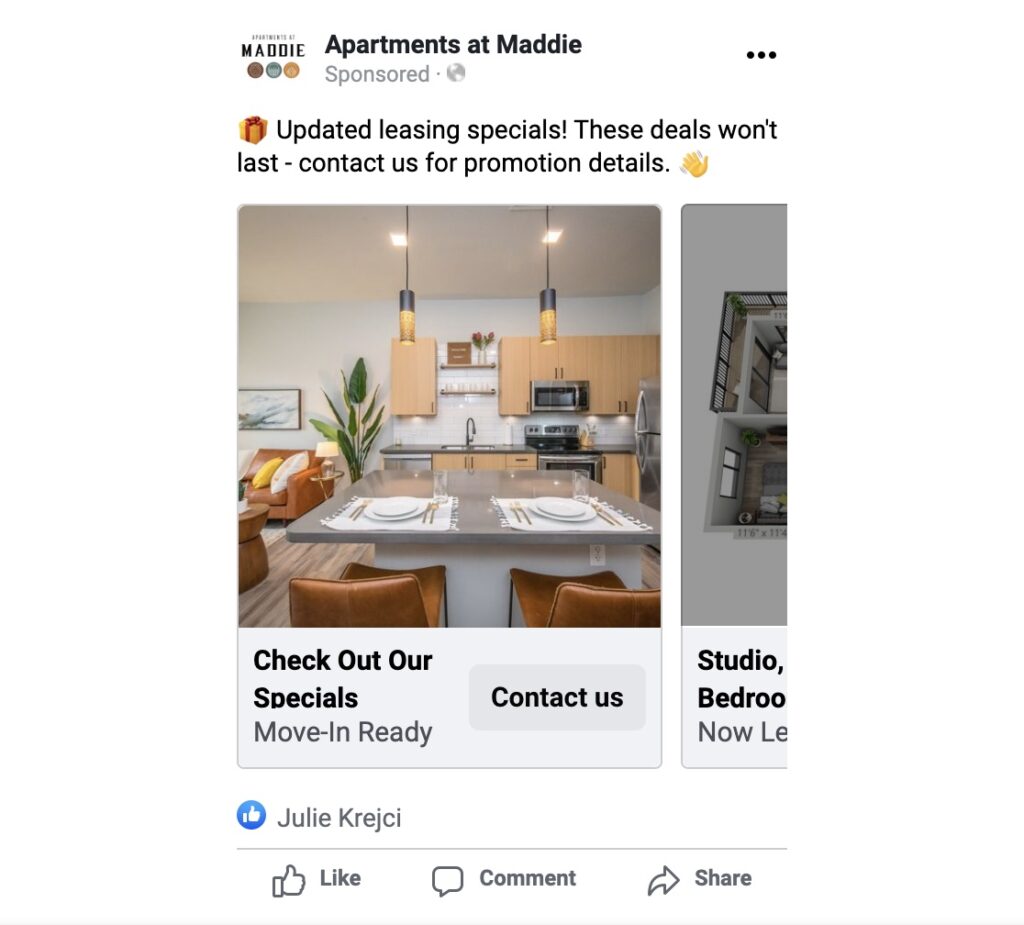 Facebook social ad with interior images