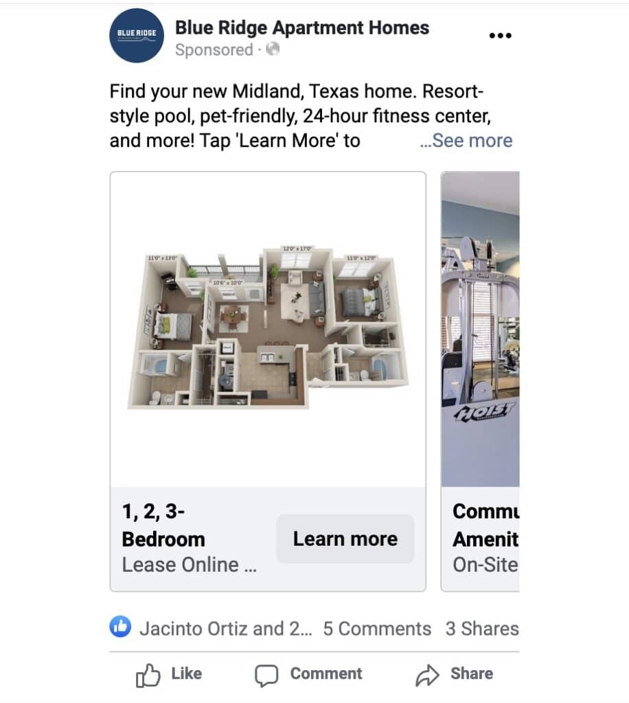 Facebook ad with 3D floor plan images