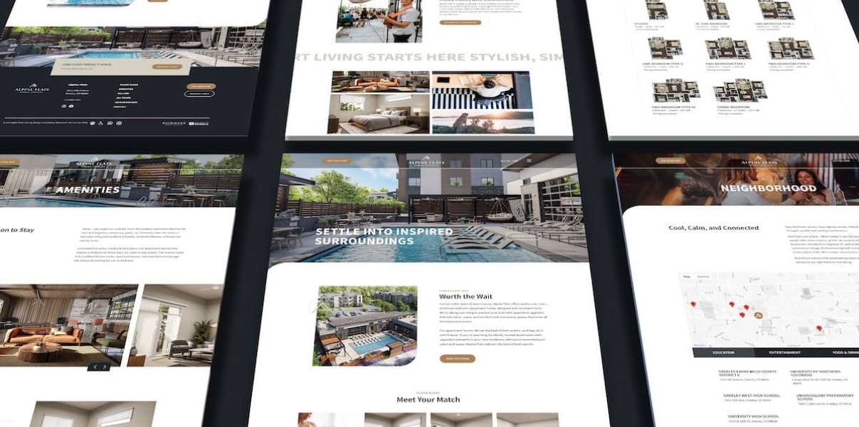 Apartment complex website featuring amenities and floor plans.