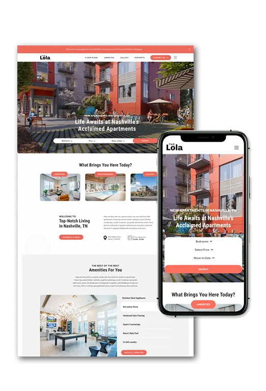 The lola apartment website shown on desktop and mobile widths